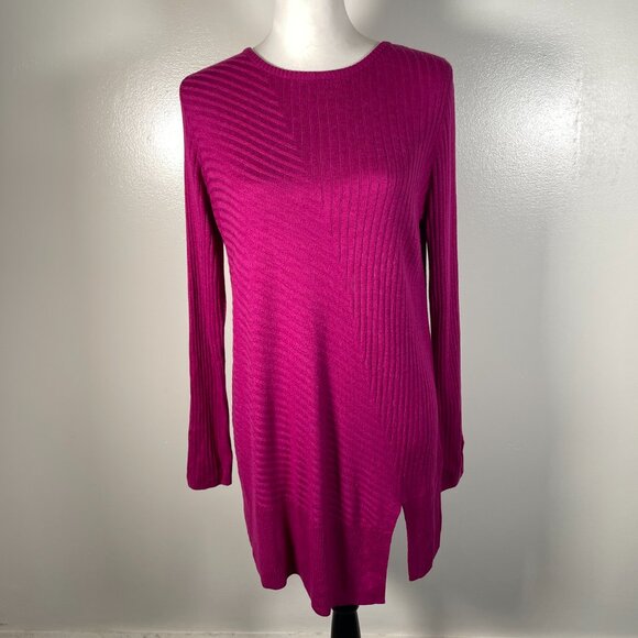 Apt 9 Fuchsia Pink Purple Round Neck Asymmetrical Hemline Long Sleeve Sweater M - Picture 2 of 13